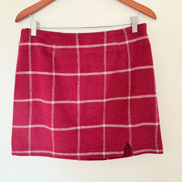 Lulus Spence Wine Red Plaid Mini Skirt Chic Retro A-Line Wool-Look Stylish Sz L - Picture 2 of 8